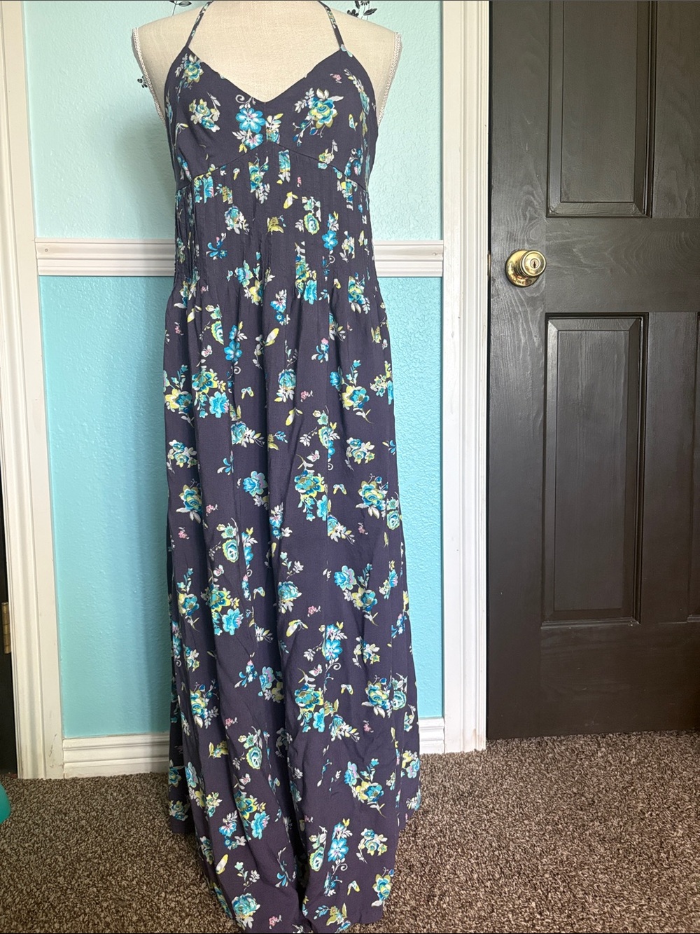 LC Lauren Conrad Navy Floral Maxi Dress with Turquoise Accents